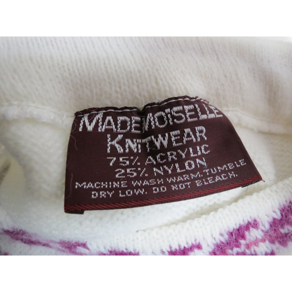 Vintage Mademoiselle Size Small (?) Cream Sweater w/ Purple Leaf Pattern - Picture 7 of 8
